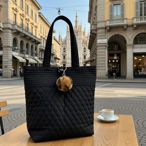 Vera Bradley Quilted Black Tote Bag with Leopard Lining and Pom Pom Like New